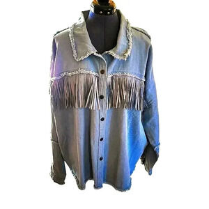 NWT Savanna Jane Western Jacket Fringe Blue Cowgirl frayed edge snap soft comfy